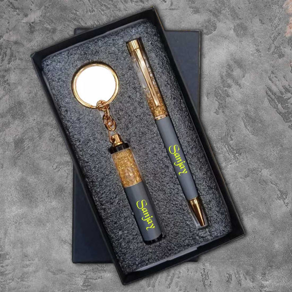 Personalized Pen Keychain Combo Gift Set - Grey - Uncommongifts.in